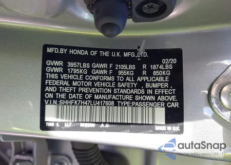 2020 Honda Civic Sport из США, поврежденный, VIN SHHFK7H47LU417608